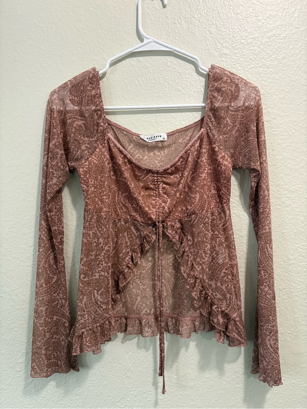 Good Days mesh vintage Paisley Ruffle Tie-Front Long Sleeve Top - Rose
